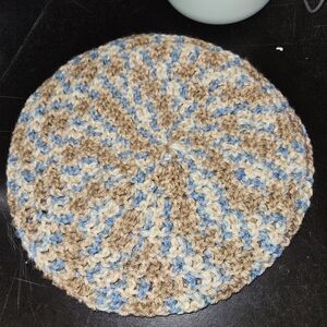 Handmade Knitted Beret in Blue and Brown